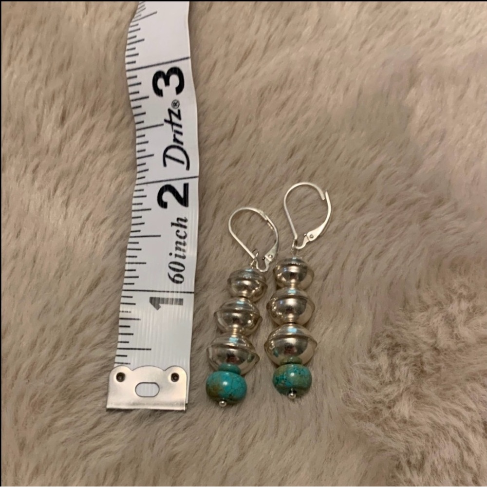 Turquoise and 925 Sterling Silver Bench Bead earrings Southwestern Style - Picture 2 of 2